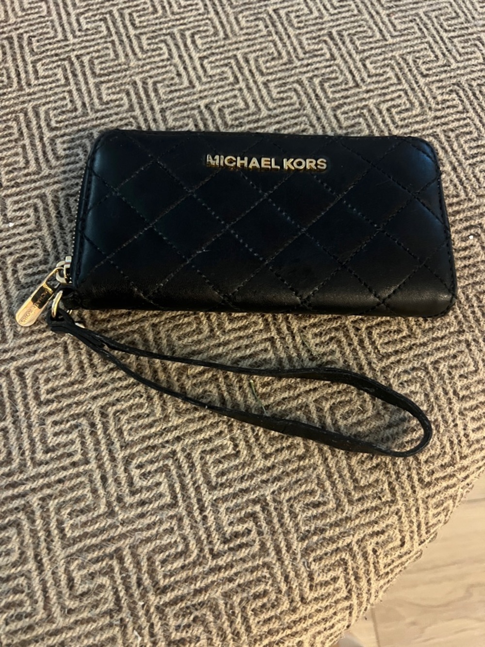 Michael Kors Black Quilted Leather Wristlet with Gold Logo